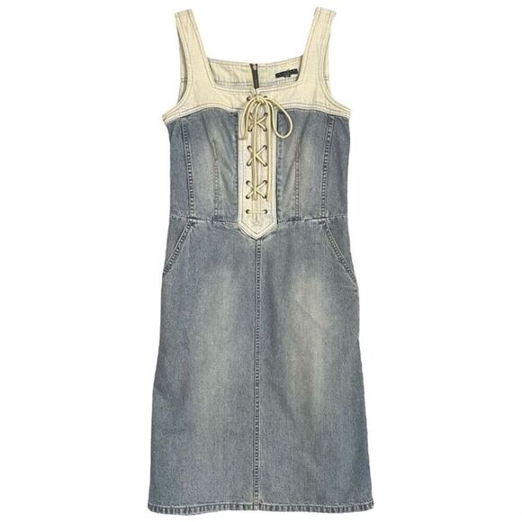 Sisley Vintage Y2K Denim Dress Lace Up Women's Small 42 Sleeveless 2-Tone Jeans